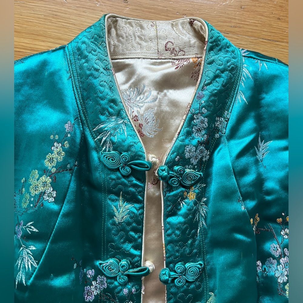 Reversible Chinese tan jacket bomber satin turquoise gold tan M 3/4 sleeve qipao